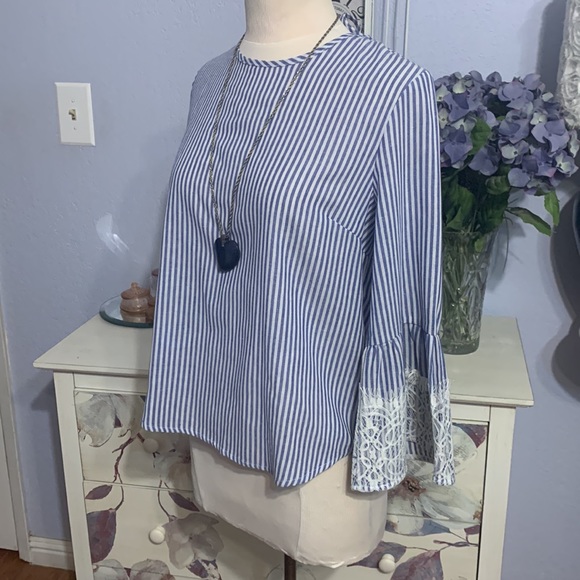 Given as Gift Blue and White Bell Sleeved Blouse - Picture 4 of 7